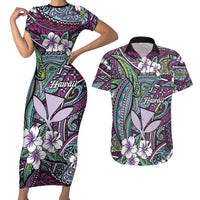 Personalised Hawaii Tribal Humpback Whale Couples Matching Short Sleeve Bodycon Dress and Hawaiian Shirt Poni Hibiscus Seamless Pattern