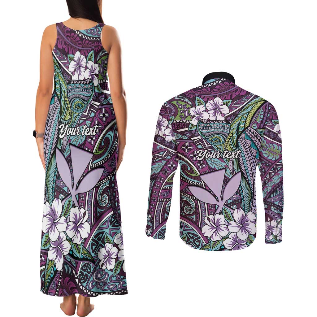 Personalised Hawaii Tribal Humpback Whale Couples Matching Tank Maxi Dress and Long Sleeve Button Shirt Poni Hibiscus Seamless Pattern