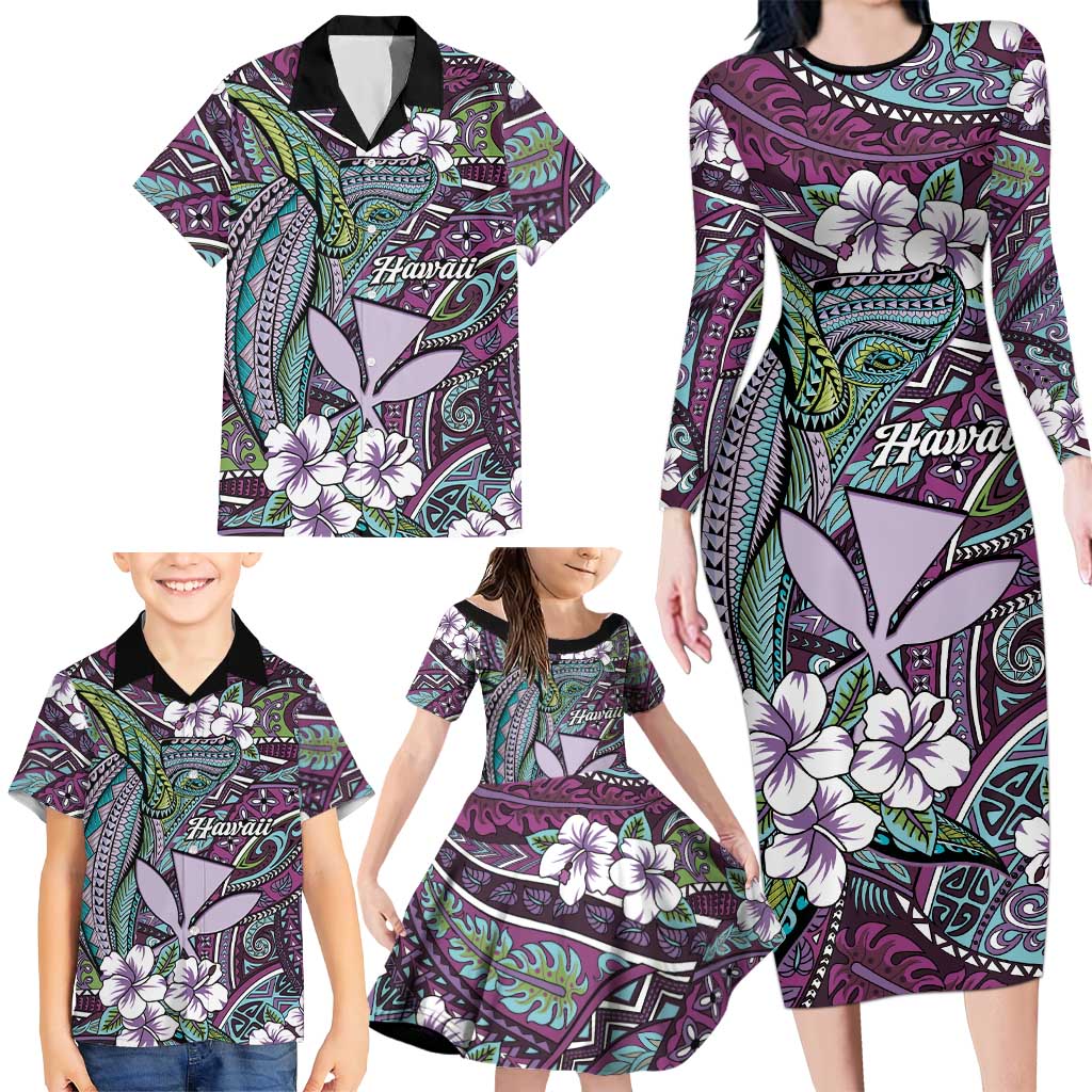 Personalised Hawaii Tribal Humpback Whale Family Matching Long Sleeve Bodycon Dress and Hawaiian Shirt Poni Hibiscus Seamless Pattern LT9 - Polynesian Pride