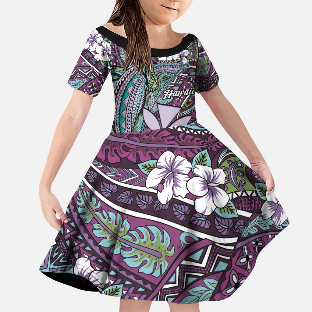 Personalised Hawaii Tribal Humpback Whale Family Matching Mermaid Dress and Hawaiian Shirt Poni Hibiscus Seamless Pattern LT9 Daughter's Dress Purple - Polynesian Pride