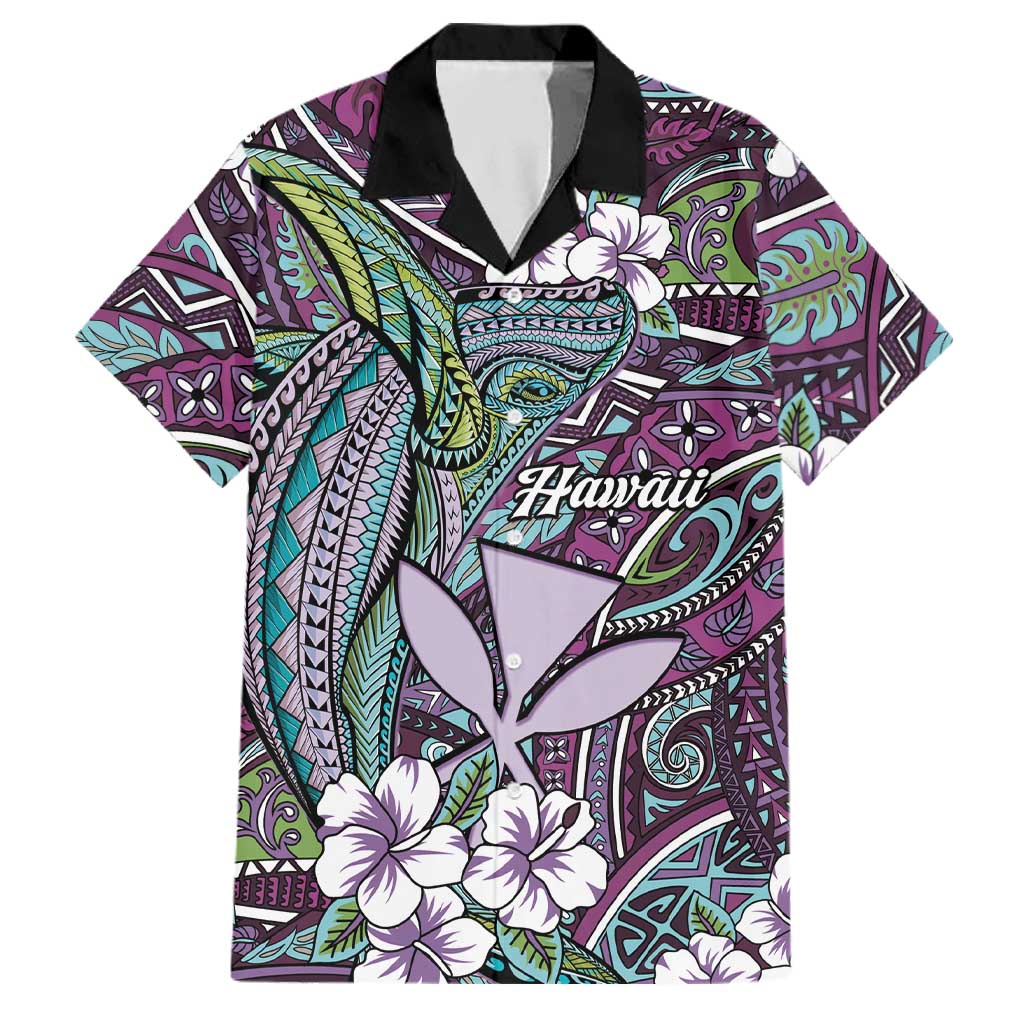 Personalised Hawaii Tribal Humpback Whale Family Matching Off The Shoulder Long Sleeve Dress and Hawaiian Shirt Poni Hibiscus Seamless Pattern LT9 Dad's Shirt - Short Sleeve Purple - Polynesian Pride