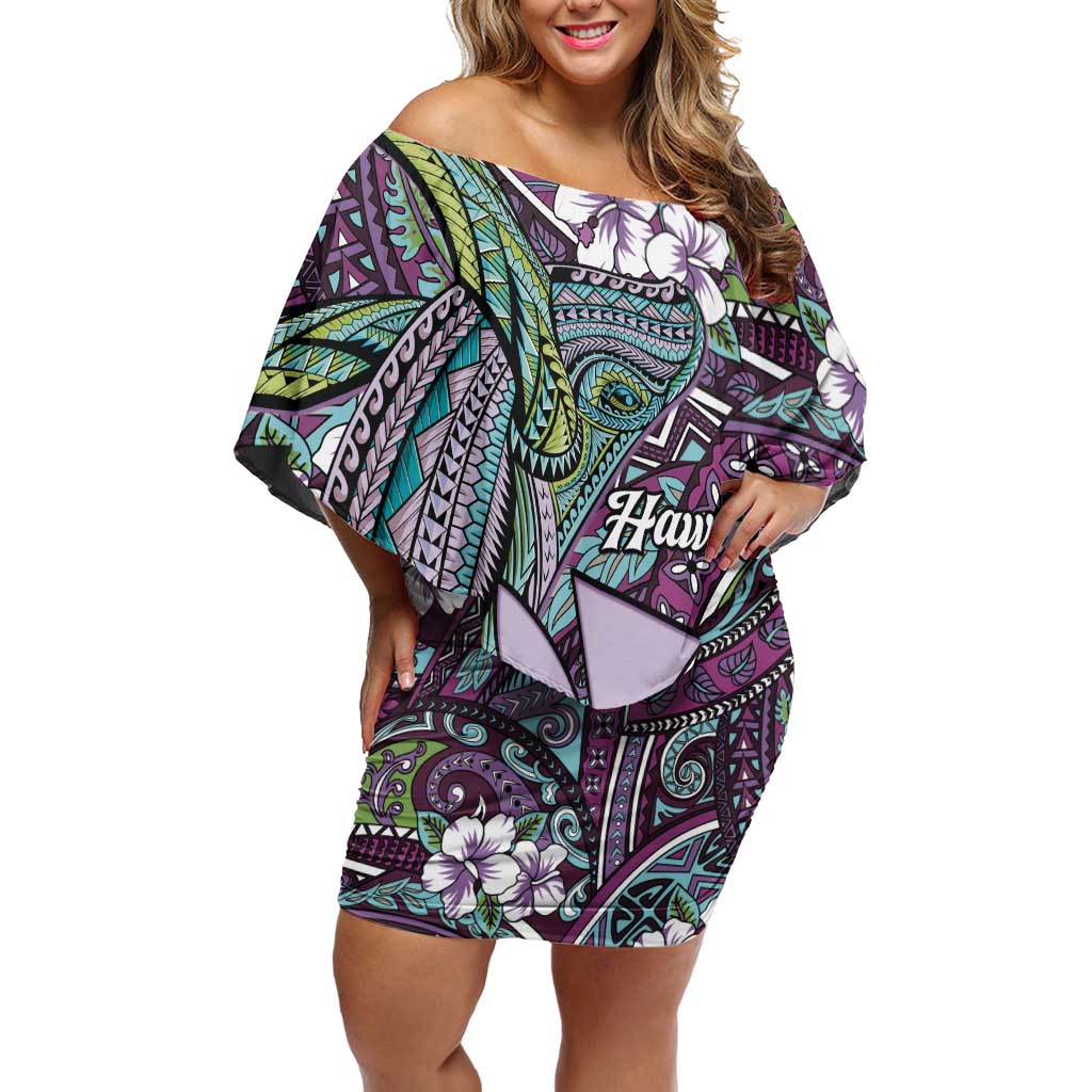 Personalised Hawaii Tribal Humpback Whale Family Matching Off Shoulder Short Dress and Hawaiian Shirt Poni Hibiscus Seamless Pattern