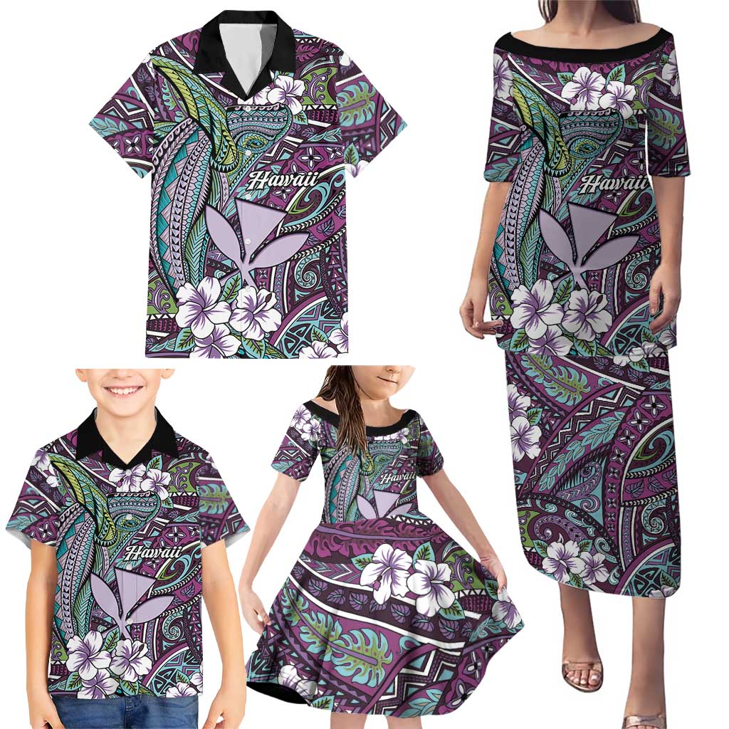 Personalised Hawaii Tribal Humpback Whale Family Matching Puletasi and Hawaiian Shirt Poni Hibiscus Seamless Pattern