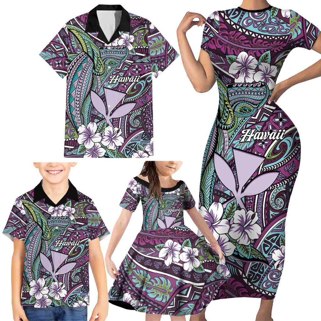 Personalised Hawaii Tribal Humpback Whale Family Matching Short Sleeve Bodycon Dress and Hawaiian Shirt Poni Hibiscus Seamless Pattern LT9 - Polynesian Pride