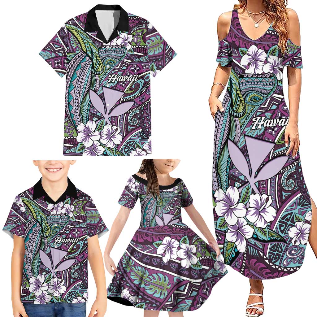 Personalised Hawaii Tribal Humpback Whale Family Matching Summer Maxi Dress and Hawaiian Shirt Poni Hibiscus Seamless Pattern
