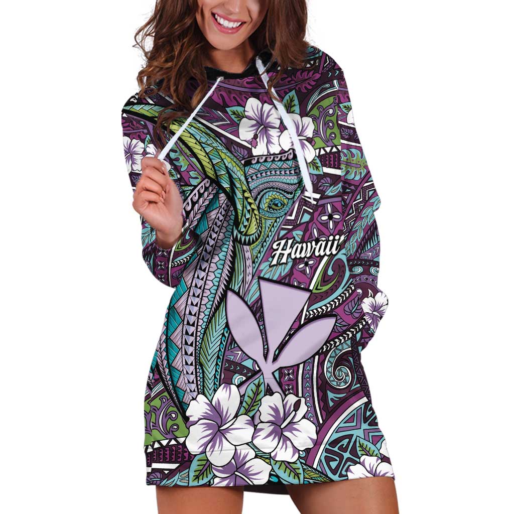 Personalised Hawaii Tribal Humpback Whale Hoodie Dress Poni Hibiscus Seamless Pattern
