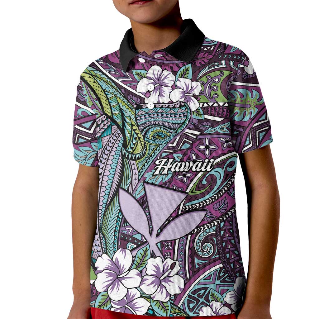Personalised Hawaii Tribal Humpback Whale Kid Polo Shirt Poni Hibiscus Seamless Pattern