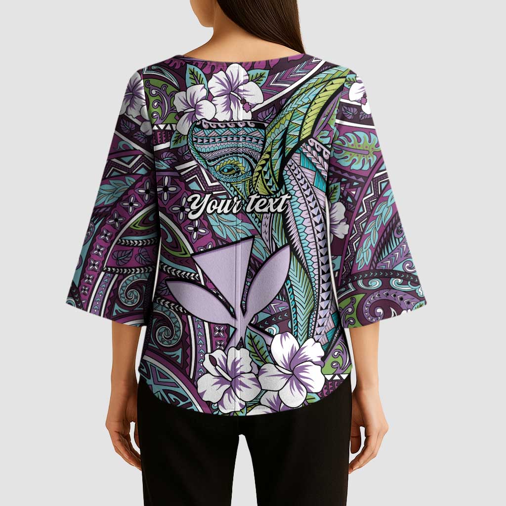 Personalised Hawaii Tribal Humpback Whale Kimono Sleeve Blouse Poni Hibiscus Seamless Pattern