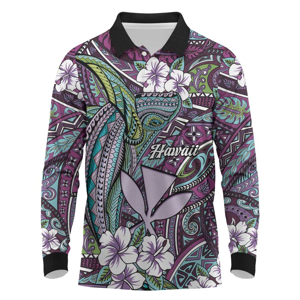 Personalised Hawaii Tribal Humpback Whale Long Sleeve Polo Shirt Poni Hibiscus Seamless Pattern