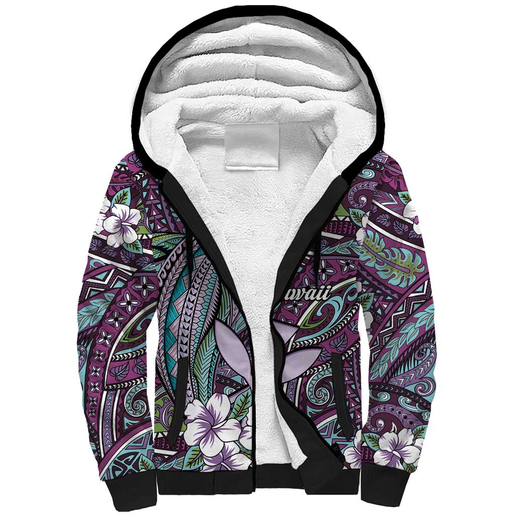 Personalised Hawaii Tribal Humpback Whale Sherpa Hoodie Poni Hibiscus Seamless Pattern
