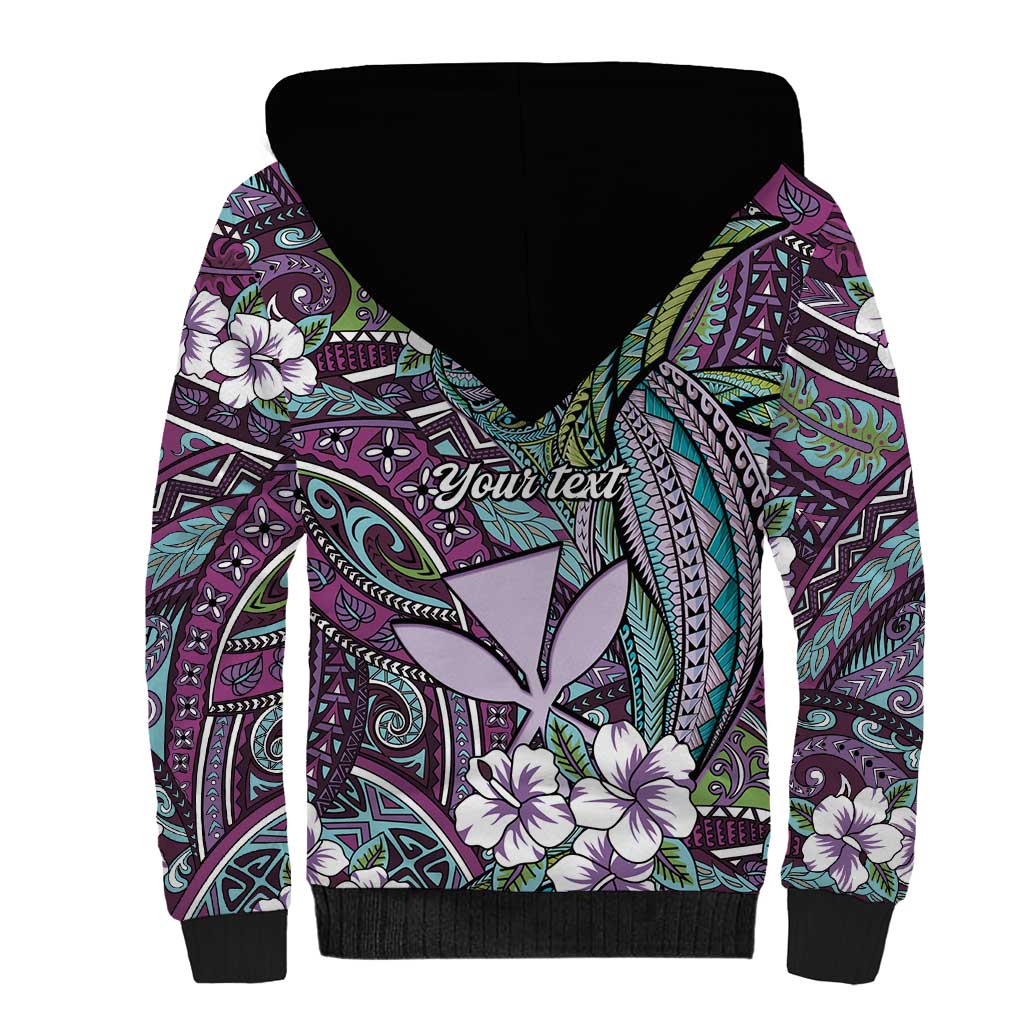 Personalised Hawaii Tribal Humpback Whale Sherpa Hoodie Poni Hibiscus Seamless Pattern
