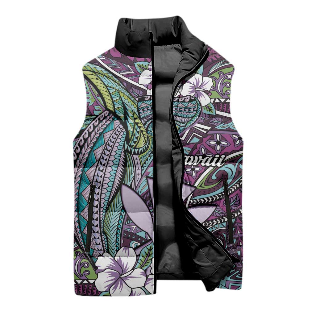 Personalised Hawaii Tribal Humpback Whale Sleeveless Puffer Jacket Poni Hibiscus Seamless Pattern