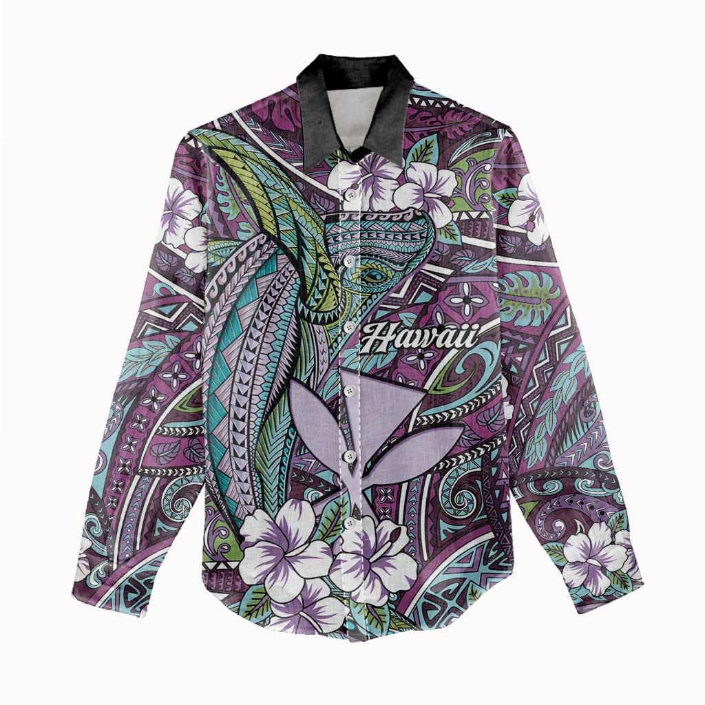 Personalised Hawaii Tribal Humpback Whale Women Casual Shirt Poni Hibiscus Seamless Pattern