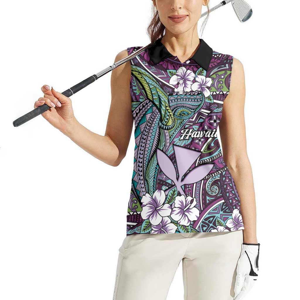 Personalised Hawaii Tribal Humpback Whale Women Sleeveless Polo Shirt Poni Hibiscus Seamless Pattern