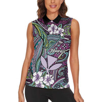 Personalised Hawaii Tribal Humpback Whale Women Sleeveless Polo Shirt Poni Hibiscus Seamless Pattern