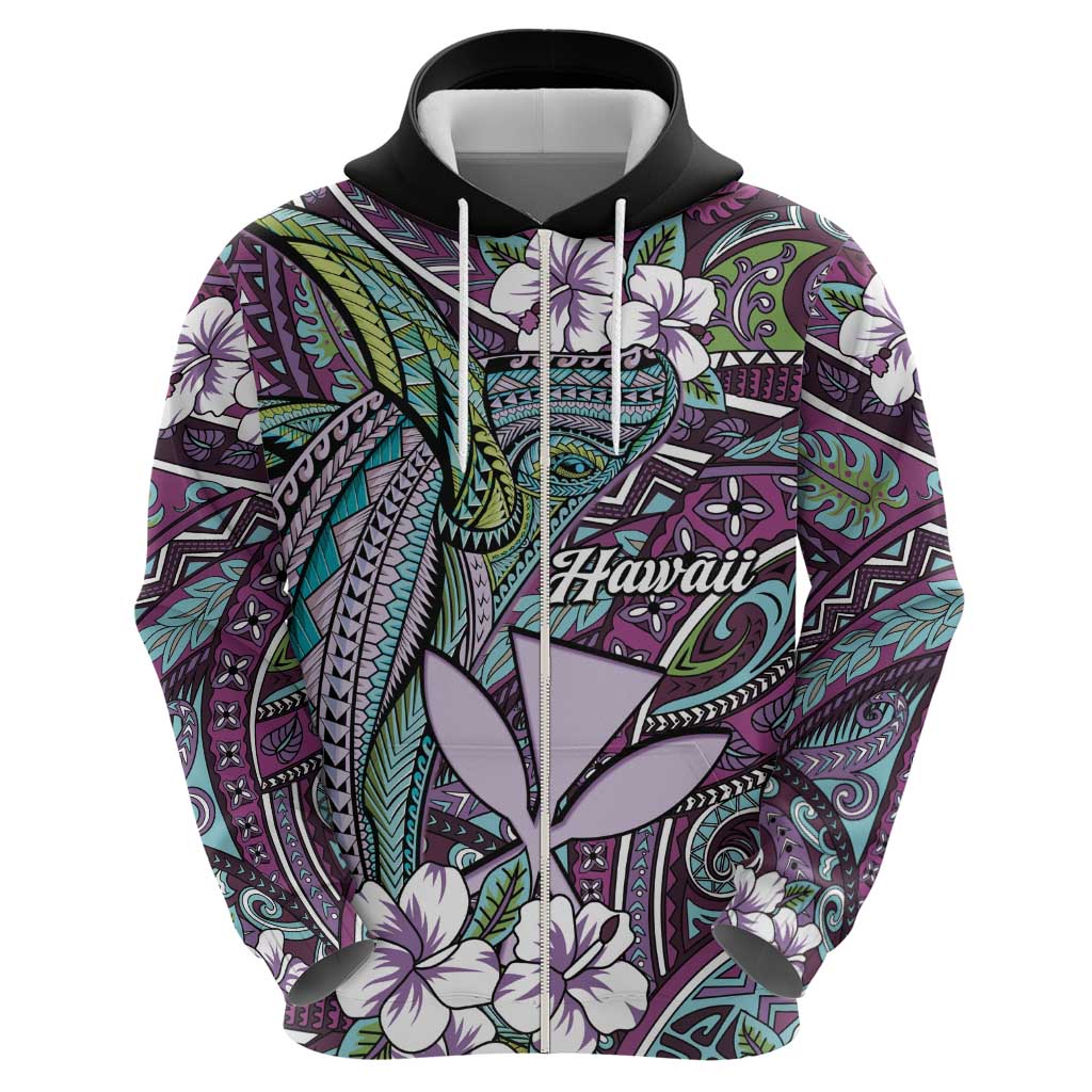 Personalised Hawaii Tribal Humpback Whale Zip Hoodie Poni Hibiscus Seamless Pattern