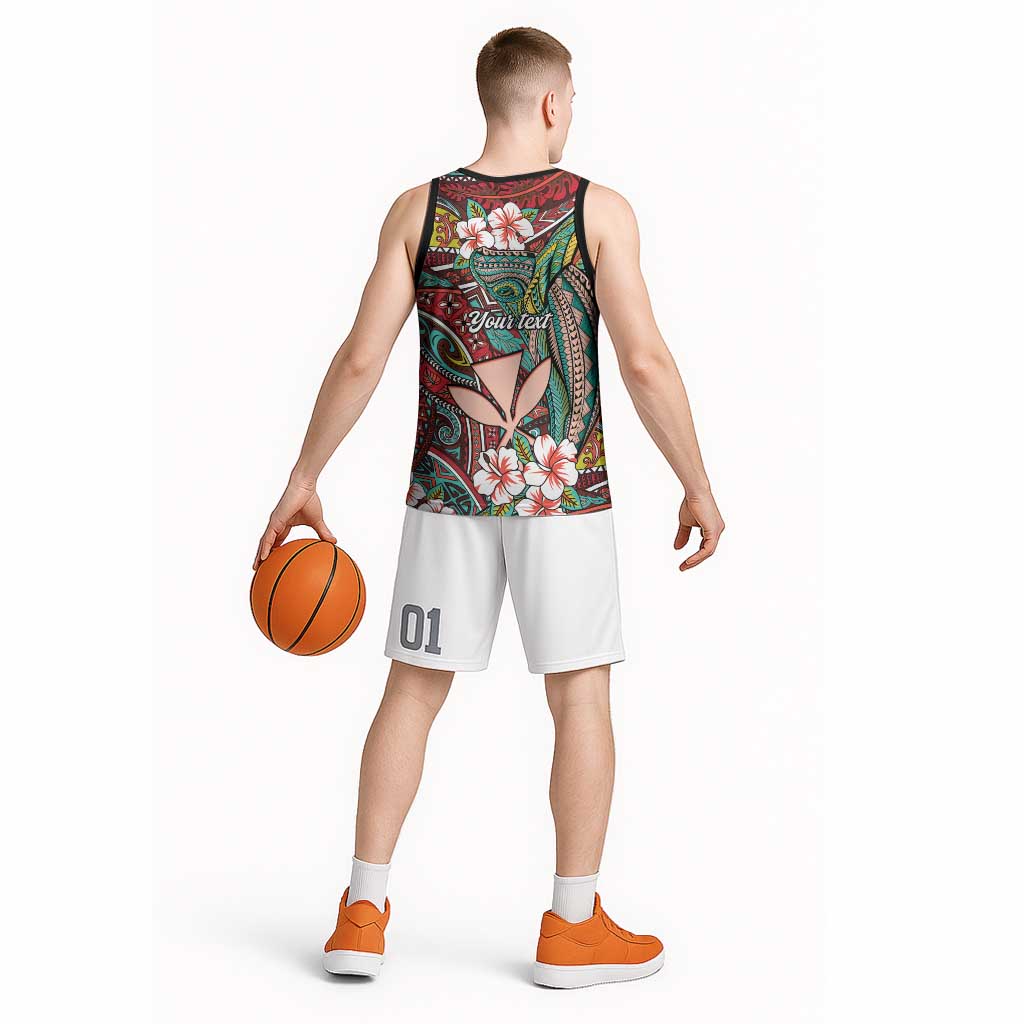 Personalised Hawaii Tribal Humpback Whale Basketball Jersey Ulaula Hibiscus Seamless Pattern