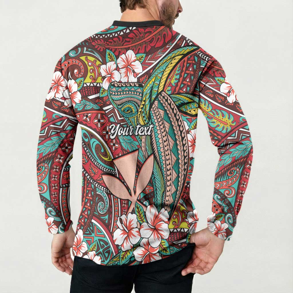 Personalised Hawaii Tribal Humpback Whale Button Sweatshirt Ulaula Hibiscus Seamless Pattern