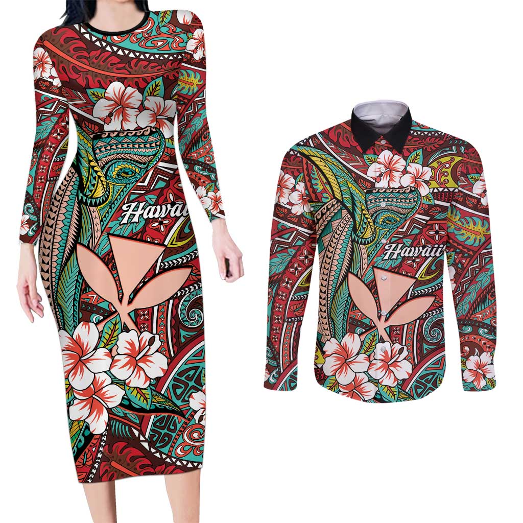 Personalised Hawaii Tribal Humpback Whale Couples Matching Long Sleeve Bodycon Dress and Long Sleeve Button Shirt Ulaula Hibiscus Seamless Pattern