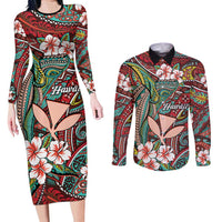 Personalised Hawaii Tribal Humpback Whale Couples Matching Long Sleeve Bodycon Dress and Long Sleeve Button Shirt Ulaula Hibiscus Seamless Pattern