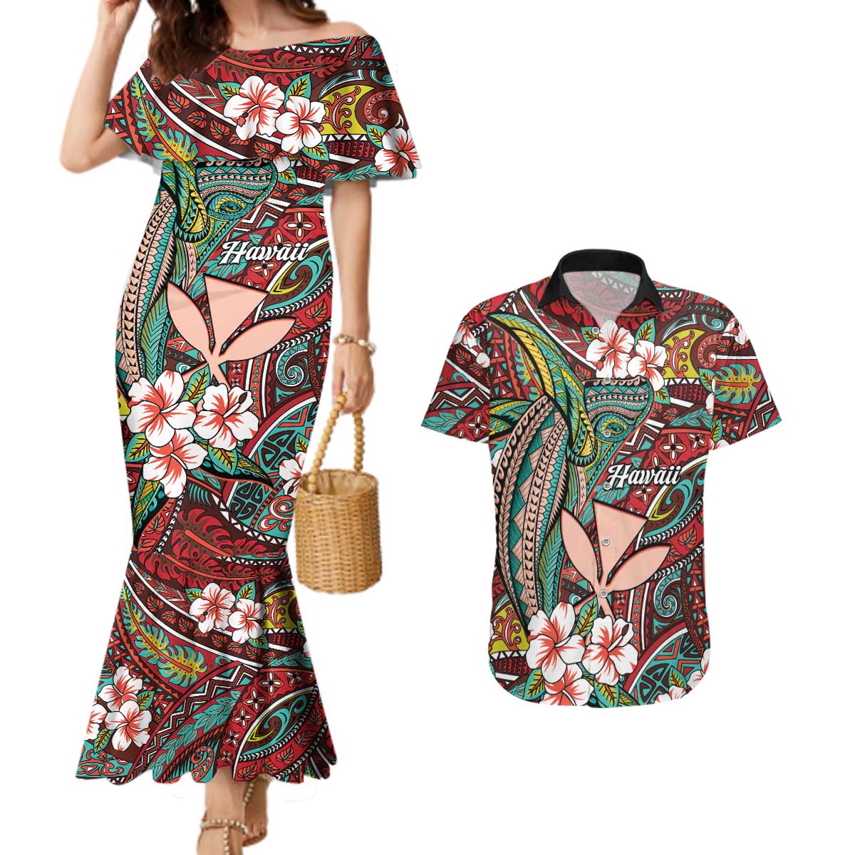 Personalised Hawaii Tribal Humpback Whale Couples Matching Mermaid Dress and Hawaiian Shirt Ulaula Hibiscus Seamless Pattern