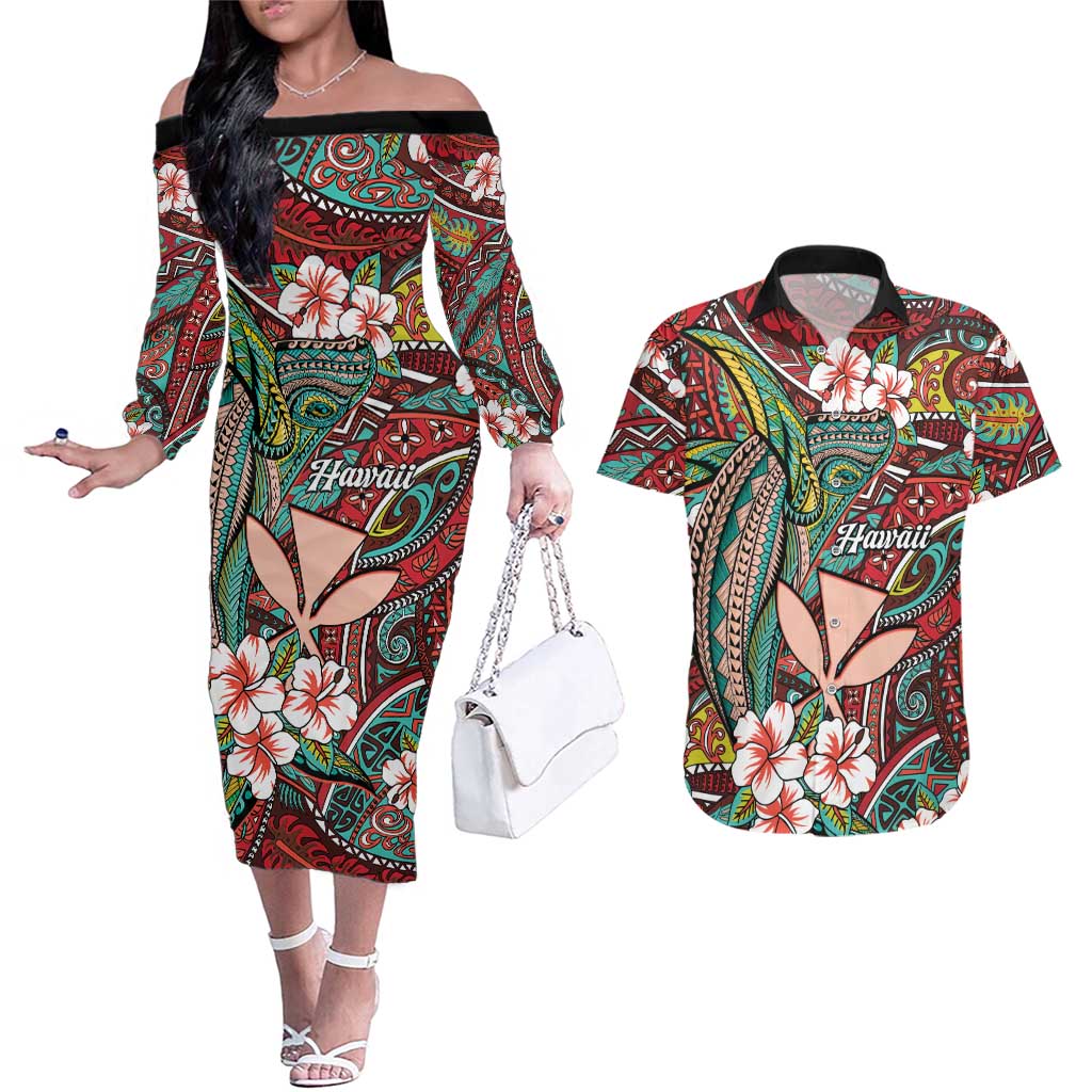 Personalised Hawaii Tribal Humpback Whale Couples Matching Off The Shoulder Long Sleeve Dress and Hawaiian Shirt Ulaula Hibiscus Seamless Pattern