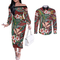 Personalised Hawaii Tribal Humpback Whale Couples Matching Off The Shoulder Long Sleeve Dress and Long Sleeve Button Shirt Ulaula Hibiscus Seamless Pattern