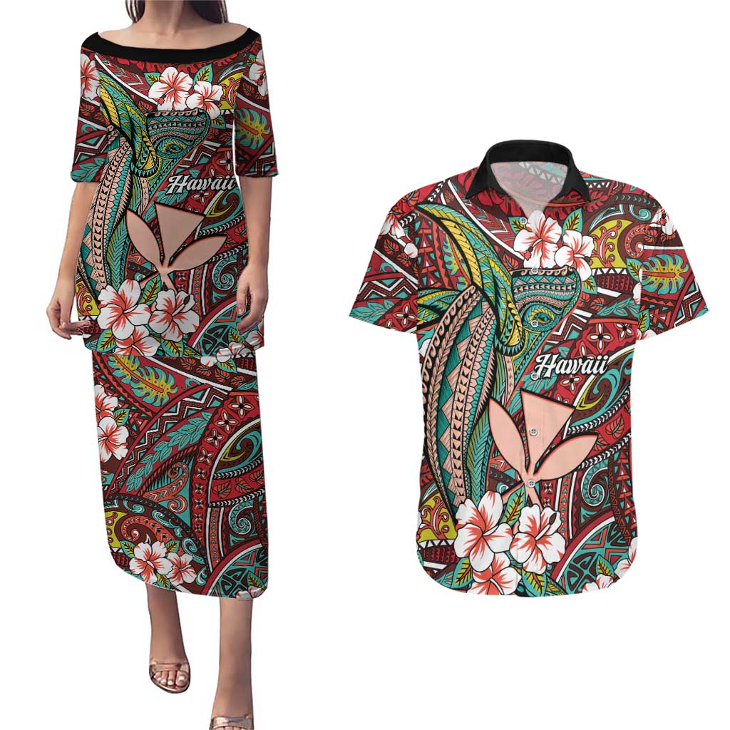 Personalised Hawaii Tribal Humpback Whale Couples Matching Puletasi and Hawaiian Shirt Ulaula Hibiscus Seamless Pattern