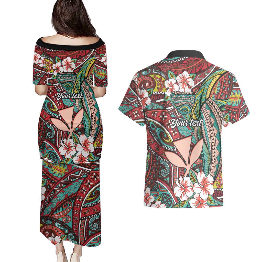 Personalised Hawaii Tribal Humpback Whale Couples Matching Puletasi and Hawaiian Shirt Ulaula Hibiscus Seamless Pattern