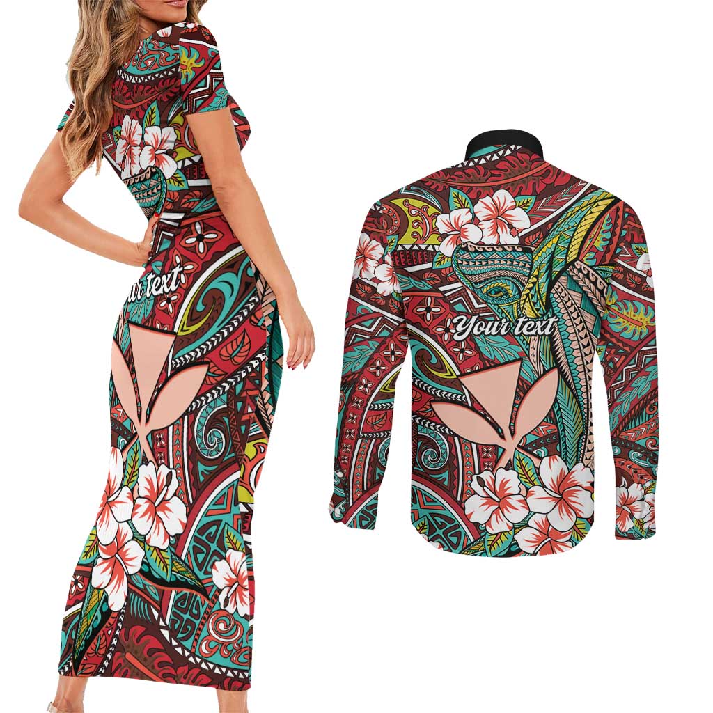 Personalised Hawaii Tribal Humpback Whale Couples Matching Short Sleeve Bodycon Dress and Long Sleeve Button Shirt Ulaula Hibiscus Seamless Pattern
