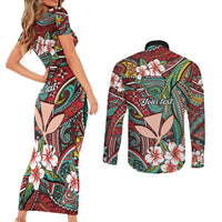 Personalised Hawaii Tribal Humpback Whale Couples Matching Short Sleeve Bodycon Dress and Long Sleeve Button Shirt Ulaula Hibiscus Seamless Pattern
