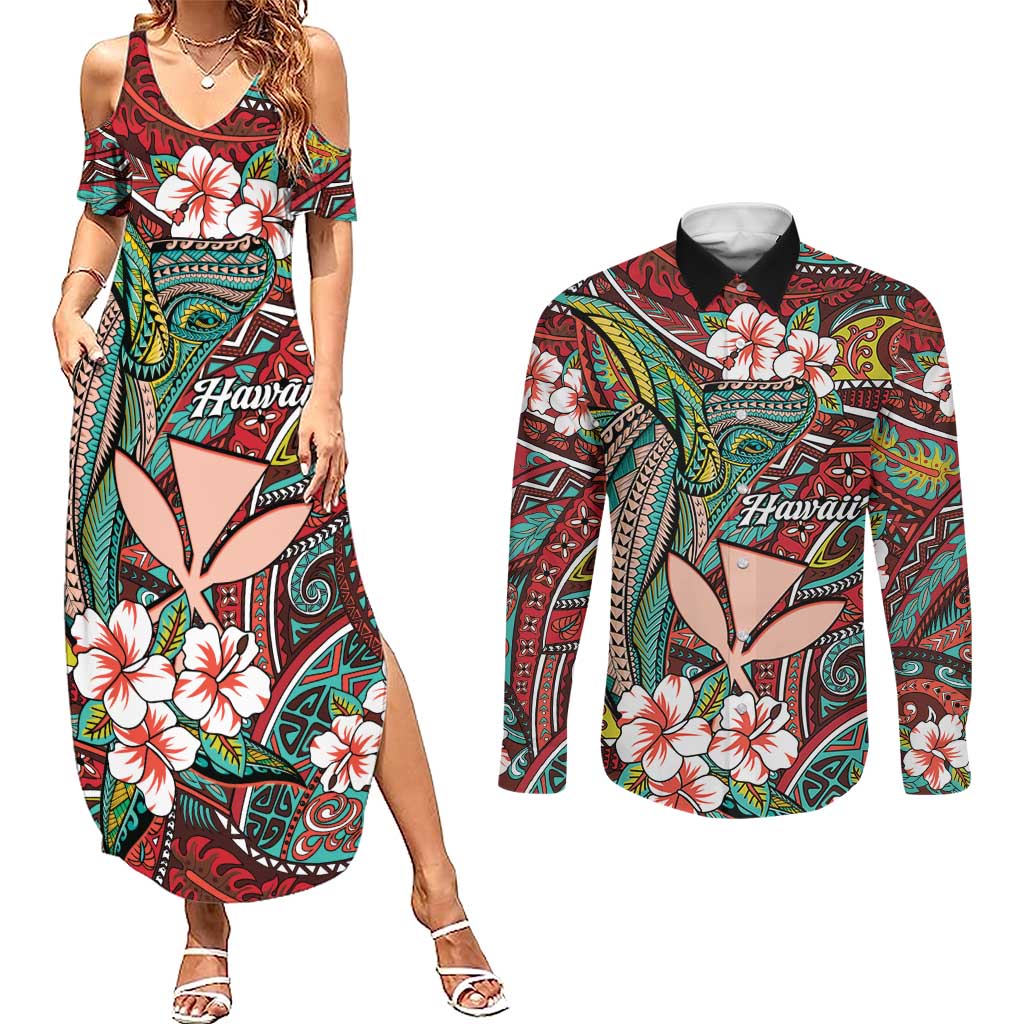 Personalised Hawaii Tribal Humpback Whale Couples Matching Summer Maxi Dress and Long Sleeve Button Shirt Ulaula Hibiscus Seamless Pattern