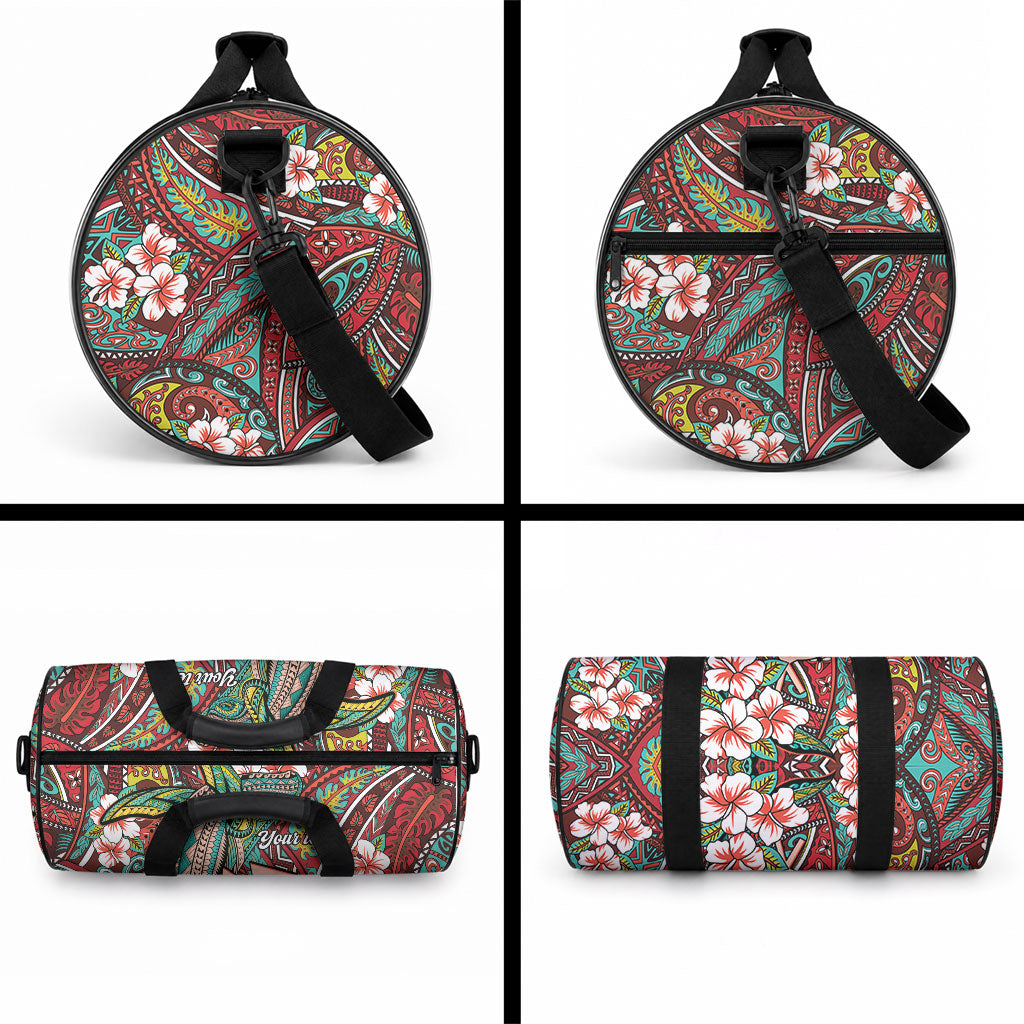 Personalised Hawaii Tribal Humpback Whale Duffle Bag Ulaula Hibiscus Seamless Pattern LT9 - Polynesian Pride