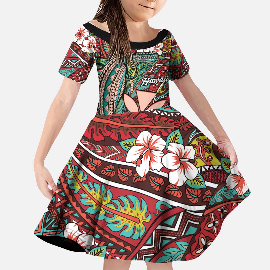 Personalised Hawaii Tribal Humpback Whale Family Matching Long Sleeve Bodycon Dress and Hawaiian Shirt Ulaula Hibiscus Seamless Pattern LT9 Daughter's Dress Red - Polynesian Pride