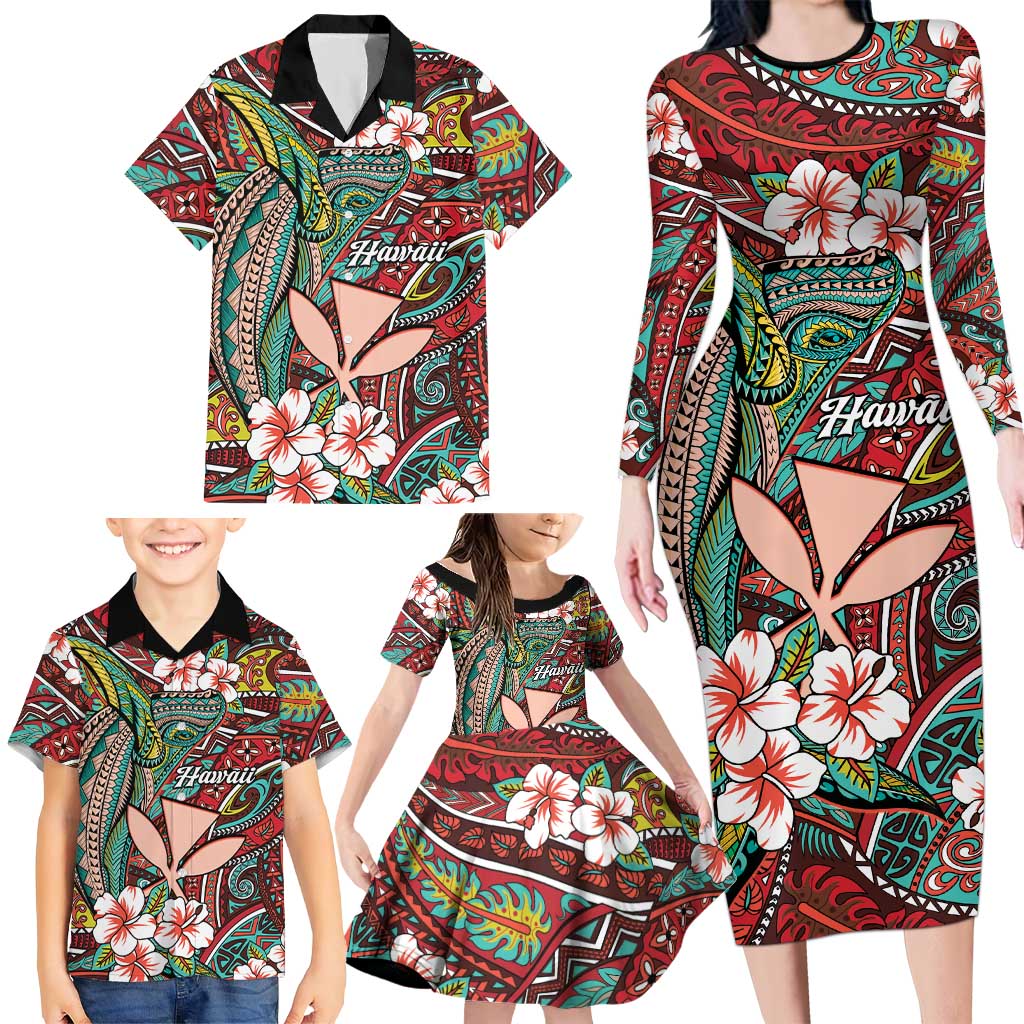Personalised Hawaii Tribal Humpback Whale Family Matching Long Sleeve Bodycon Dress and Hawaiian Shirt Ulaula Hibiscus Seamless Pattern LT9 - Polynesian Pride