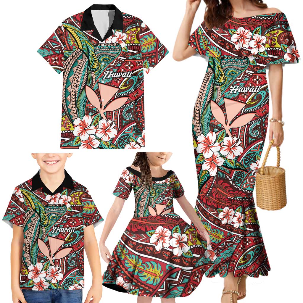 Personalised Hawaii Tribal Humpback Whale Family Matching Mermaid Dress and Hawaiian Shirt Ulaula Hibiscus Seamless Pattern LT9 - Polynesian Pride