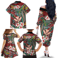 Personalised Hawaii Tribal Humpback Whale Family Matching Off The Shoulder Long Sleeve Dress and Hawaiian Shirt Ulaula Hibiscus Seamless Pattern LT9 - Polynesian Pride