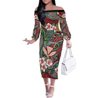 Personalised Hawaii Tribal Humpback Whale Family Matching Off The Shoulder Long Sleeve Dress and Hawaiian Shirt Ulaula Hibiscus Seamless Pattern LT9 Mom's Dress Red - Polynesian Pride