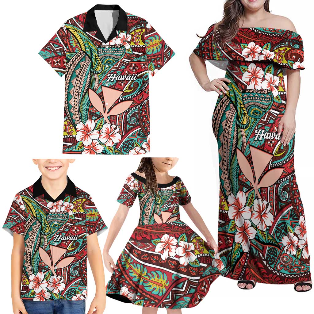 Personalised Hawaii Tribal Humpback Whale Family Matching Off Shoulder Maxi Dress and Hawaiian Shirt Ulaula Hibiscus Seamless Pattern
