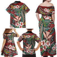 Personalised Hawaii Tribal Humpback Whale Family Matching Off Shoulder Maxi Dress and Hawaiian Shirt Ulaula Hibiscus Seamless Pattern