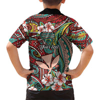 Personalised Hawaii Tribal Humpback Whale Family Matching Off Shoulder Short Dress and Hawaiian Shirt Ulaula Hibiscus Seamless Pattern