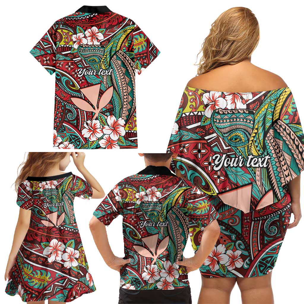 Personalised Hawaii Tribal Humpback Whale Family Matching Off Shoulder Short Dress and Hawaiian Shirt Ulaula Hibiscus Seamless Pattern