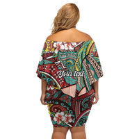 Personalised Hawaii Tribal Humpback Whale Family Matching Off Shoulder Short Dress and Hawaiian Shirt Ulaula Hibiscus Seamless Pattern