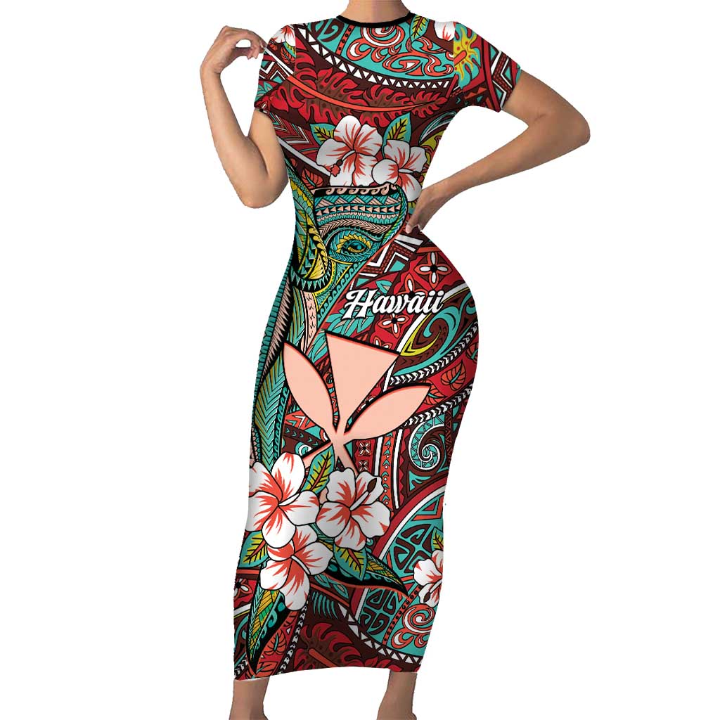 Personalised Hawaii Tribal Humpback Whale Family Matching Short Sleeve Bodycon Dress and Hawaiian Shirt Ulaula Hibiscus Seamless Pattern LT9 Mom's Dress Red - Polynesian Pride