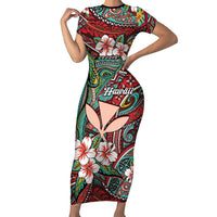 Personalised Hawaii Tribal Humpback Whale Family Matching Short Sleeve Bodycon Dress and Hawaiian Shirt Ulaula Hibiscus Seamless Pattern LT9 Mom's Dress Red - Polynesian Pride