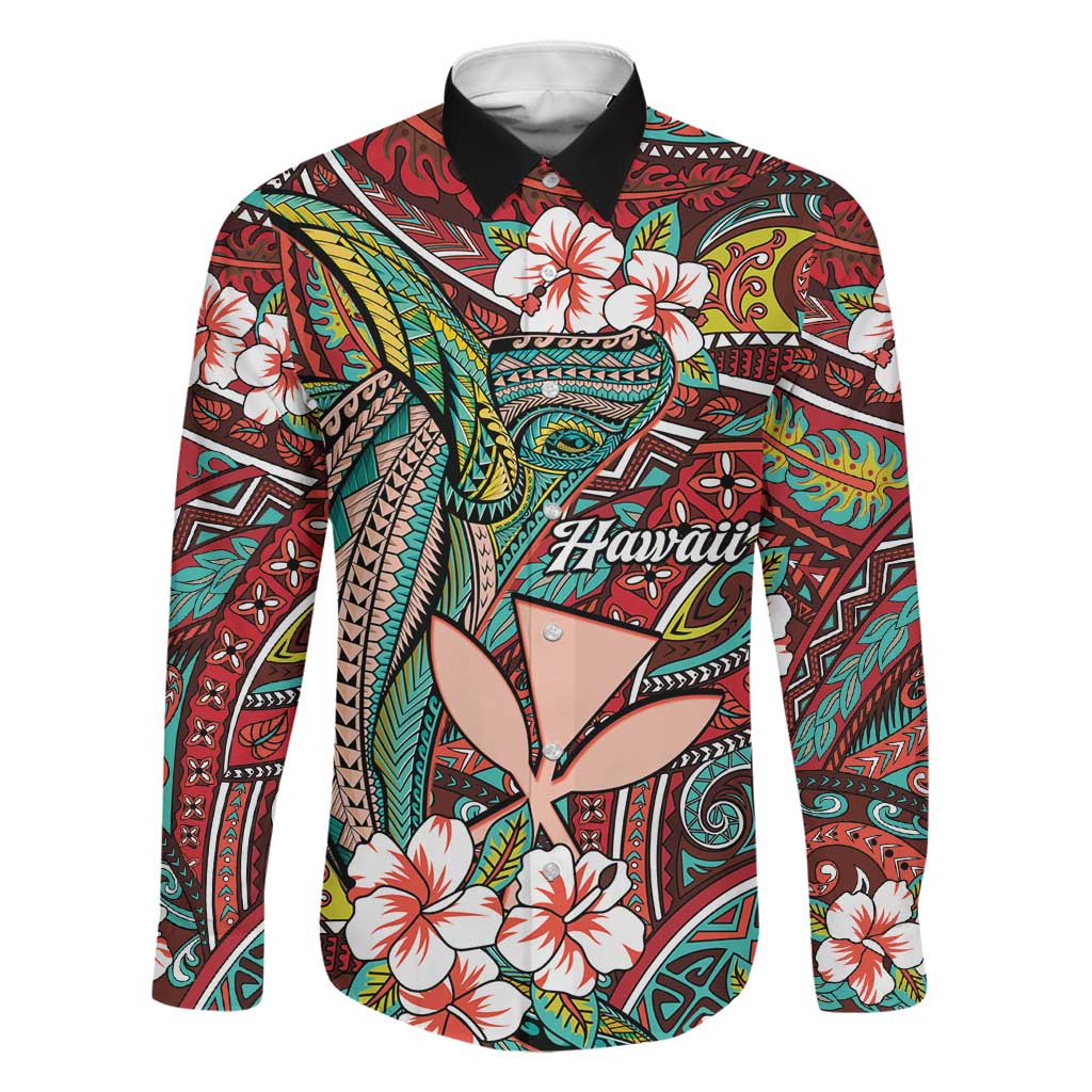 Personalised Hawaii Tribal Humpback Whale Family Matching Tank Maxi Dress and Hawaiian Shirt Ulaula Hibiscus Seamless Pattern LT9 Dad's Shirt - Long Sleeve Red - Polynesian Pride