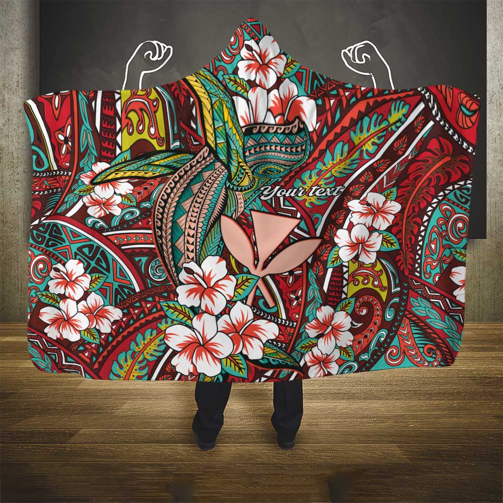 Personalised Hawaii Tribal Humpback Whale Hooded Blanket Ulaula Hibiscus Seamless Pattern