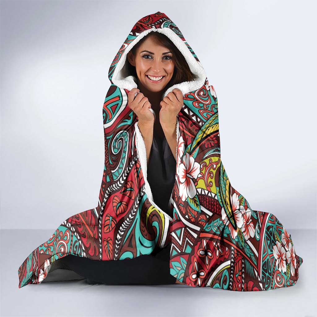 Personalised Hawaii Tribal Humpback Whale Hooded Blanket Ulaula Hibiscus Seamless Pattern