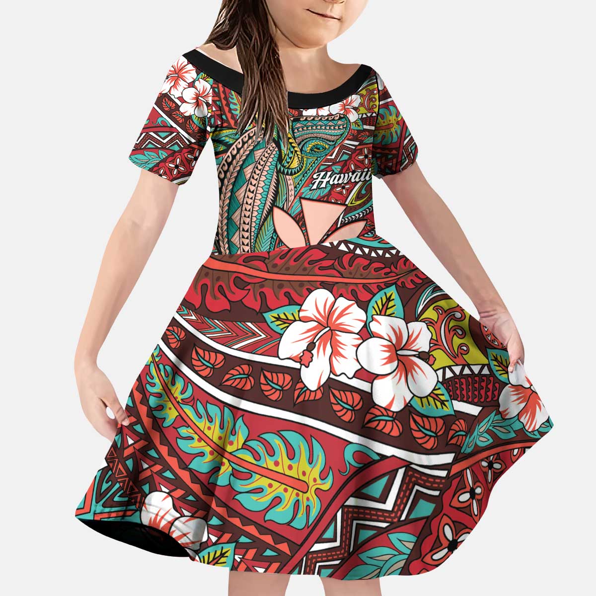 Personalised Hawaii Tribal Humpback Whale Kid Short Sleeve Dress Ulaula Hibiscus Seamless Pattern