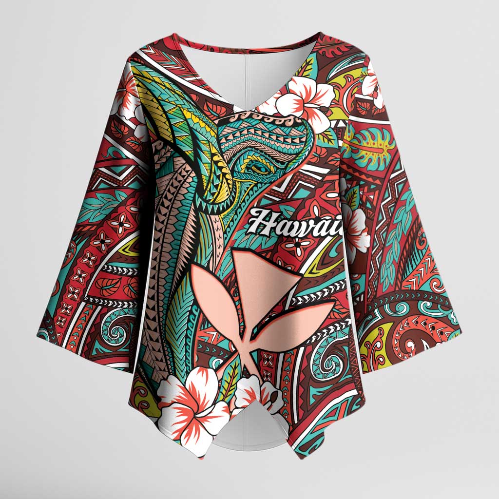 Personalised Hawaii Tribal Humpback Whale Kimono Sleeve Blouse Ulaula Hibiscus Seamless Pattern